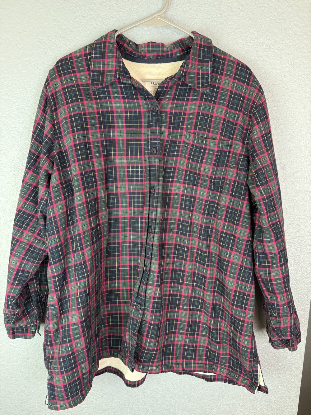 LL Bean Shirt Womens 1X Green Red Plaid Fleece Lined Flannel Button Up Cozy